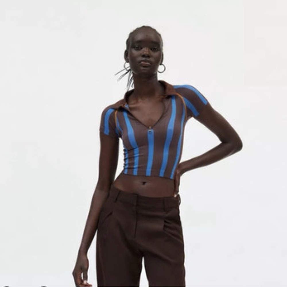 Urban Outfitters Out From Under Collared Stripe Seamless Top XS/S brown/blue